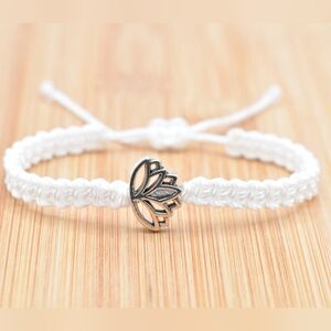 Lotus flower bracelet, white string braided bracelet, lotus charm jewelry